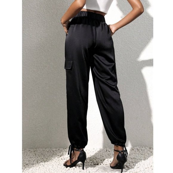 Luxe Look Satin Pocketed Joggers - Black - Picture 5 of 6